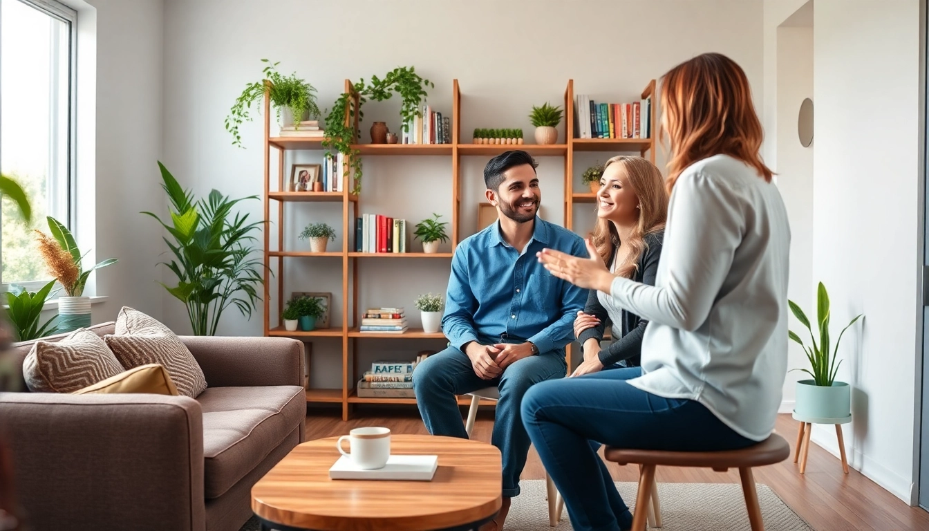 Empathetic relationship coach guiding individuals in a nurturing office setting.
