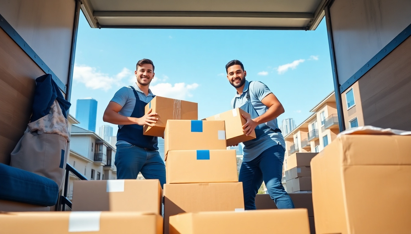 Movers Calgary loading boxes into a truck, showcasing professionalism and energy in a bright residential setting.