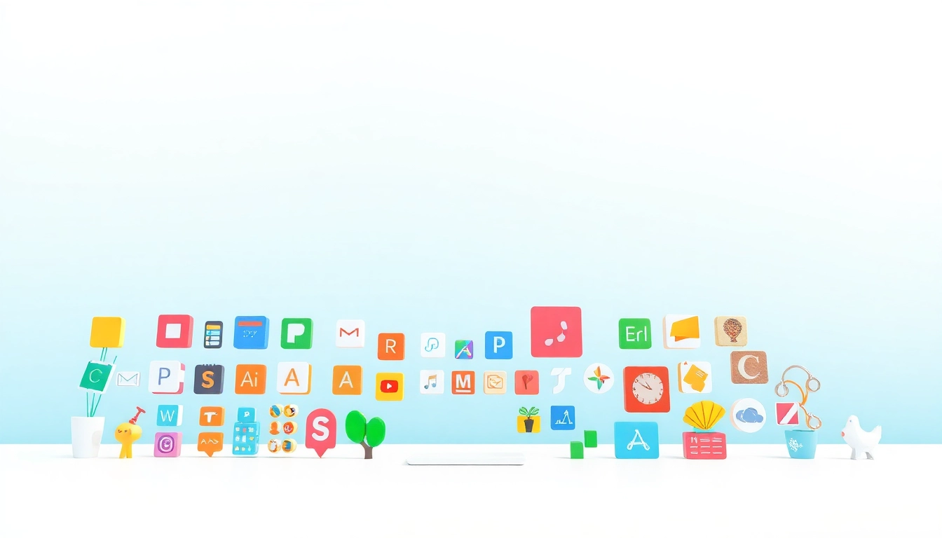 Showcase diverse Icons arranged in a digital workspace environment with vibrant colors.