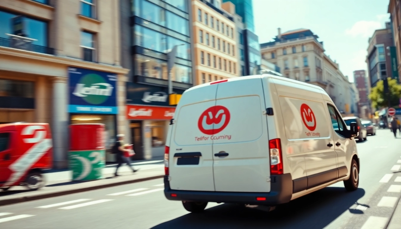 Efficient Telford courier driver delivering packages in a bustling urban environment.