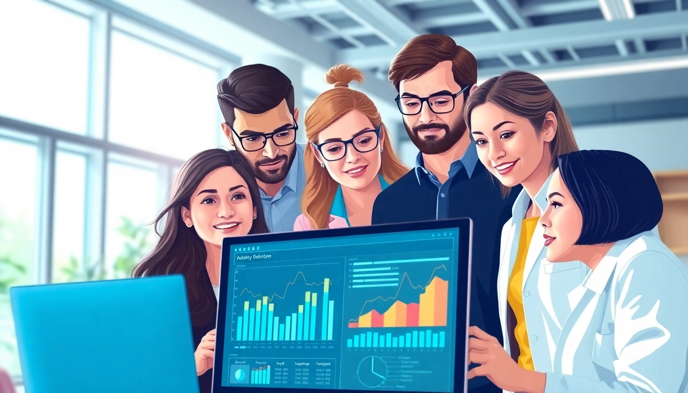 Visual representation of data anomaly detection featuring analysts engaged in data analysis in a modern office.