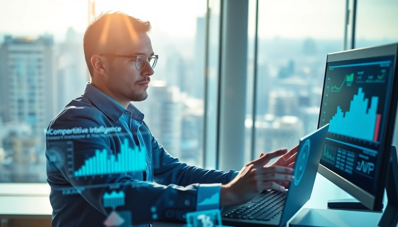 Analyze competitive intelligence data with advanced technology in a modern office setting.
