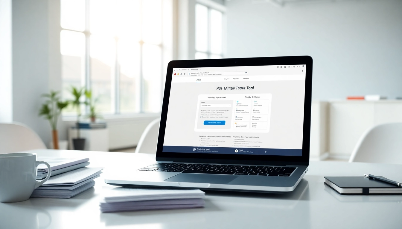 Combine PDF free effortlessly in a professional workspace with a laptop and organized documents.