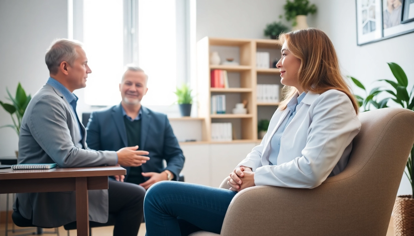 Psychiatrist conducting a therapeutic session with a patient in a cozy office.