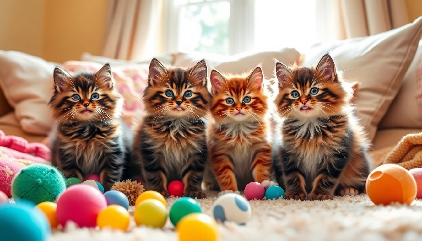 Playful Maine Coon kittens for sale in a cozy home setting with colorful toys.