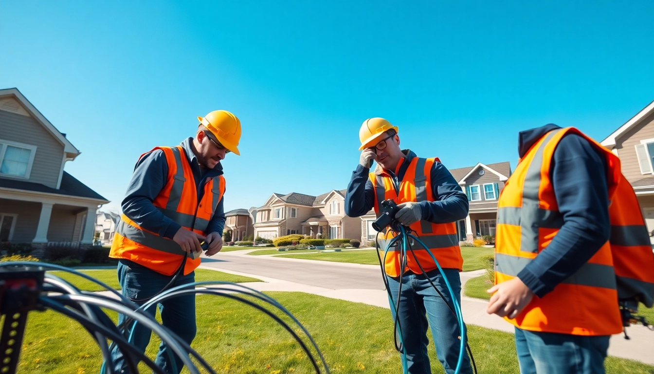 Sonic Fiber Promo showcasing professional installation of high-speed internet cables in a vibrant neighborhood.