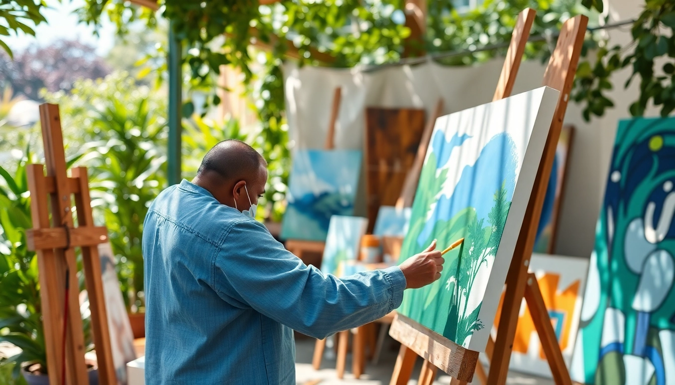 Maak een canvas schilderij in een zonnige buitenstudio met kleurrijke kunstmaterialen