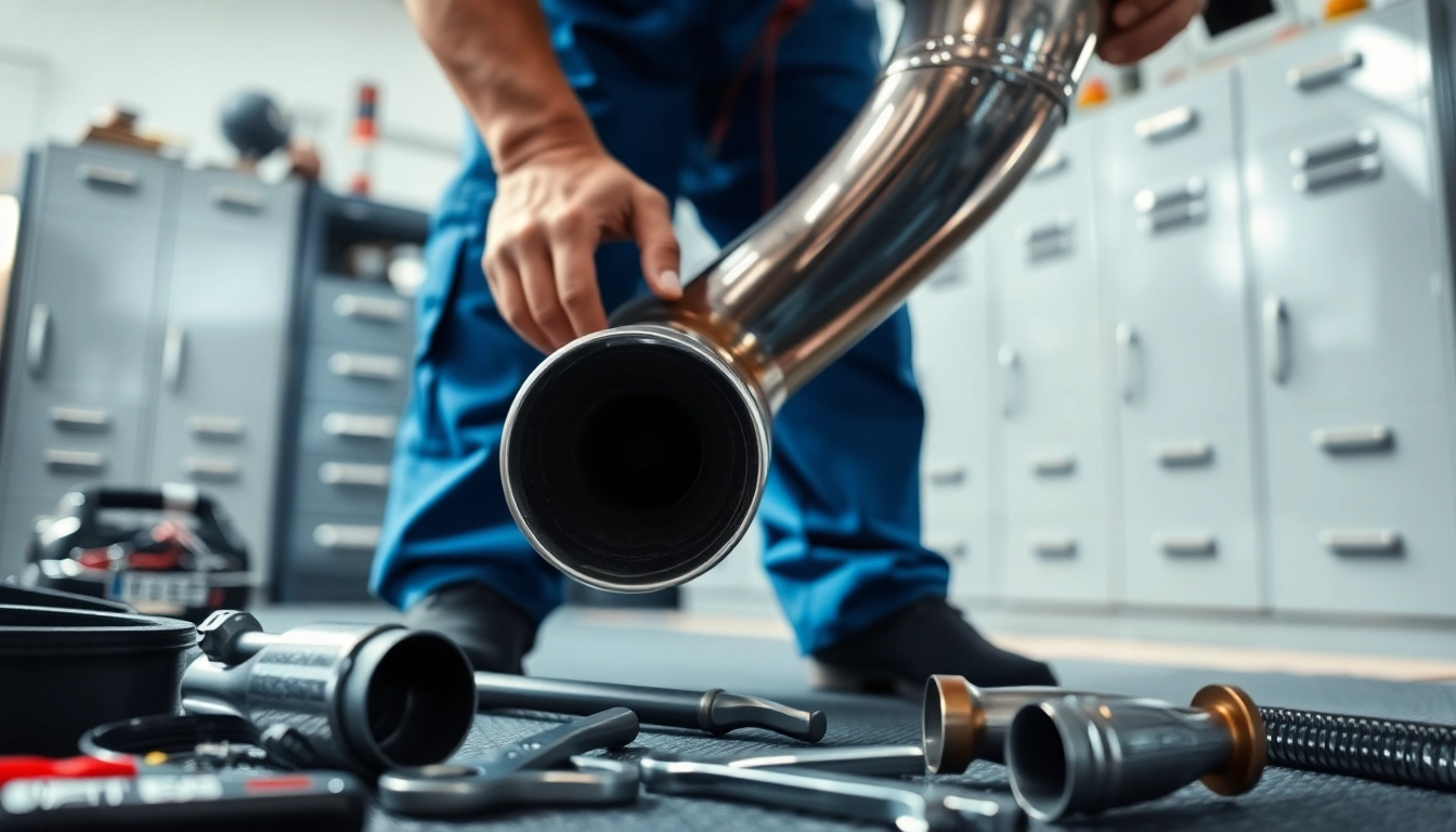 Inspecting high-performance exhaust in a bright automotive workshop highlighting intricate details.