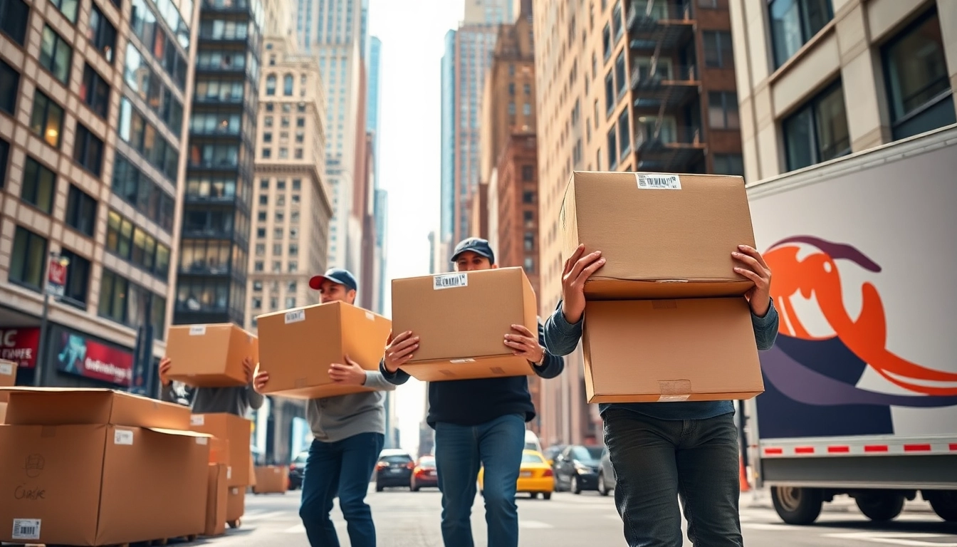 Efficient Cheap movers nyc carrying boxes in a bustling New York City environment.