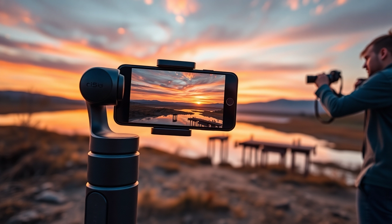 Capture stunning shots with a gimble designed for smartphones, showcasing intricate features.