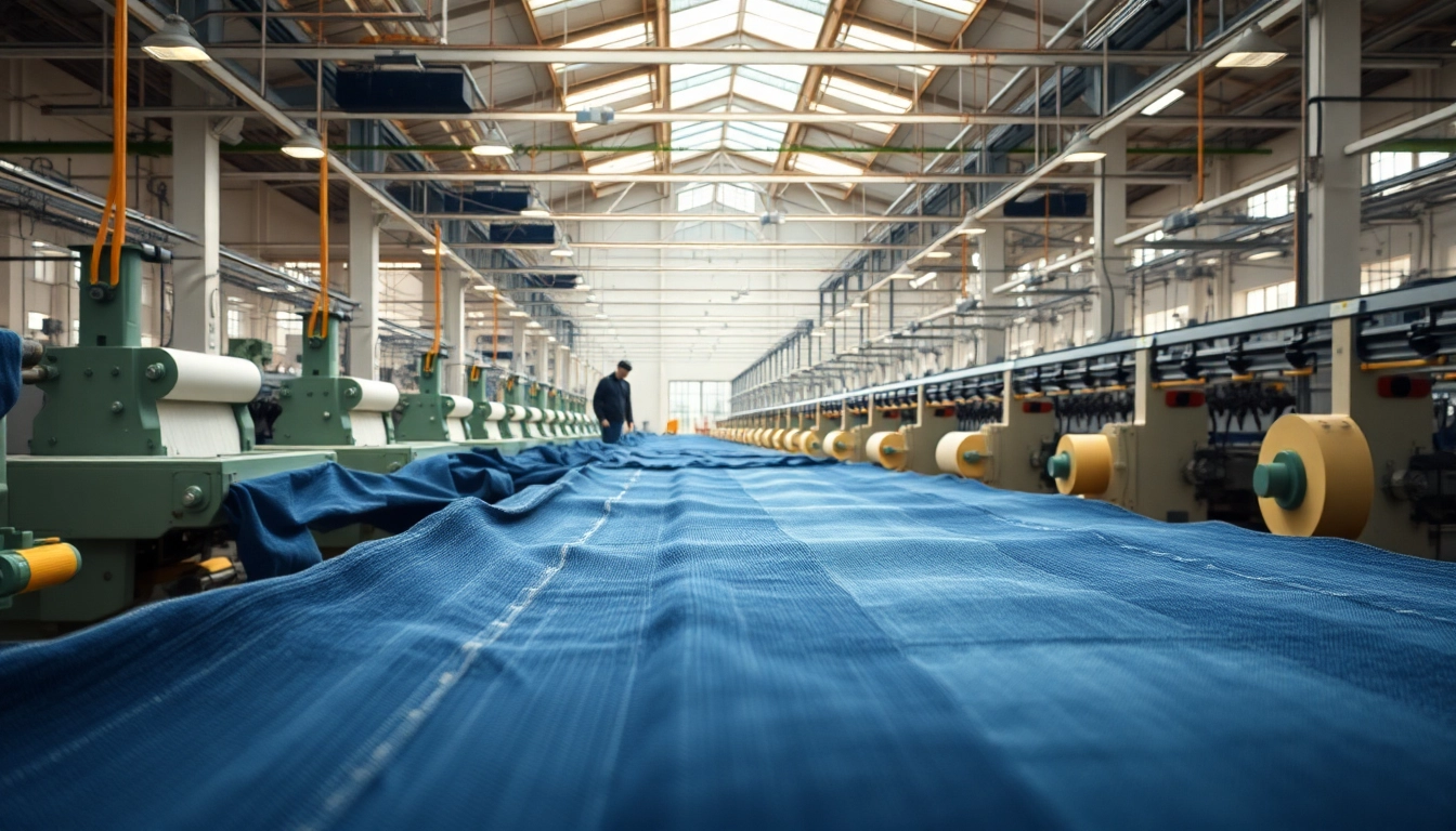 Showcasing jeans fabric manufacturers at work in a vibrant denim production facility.