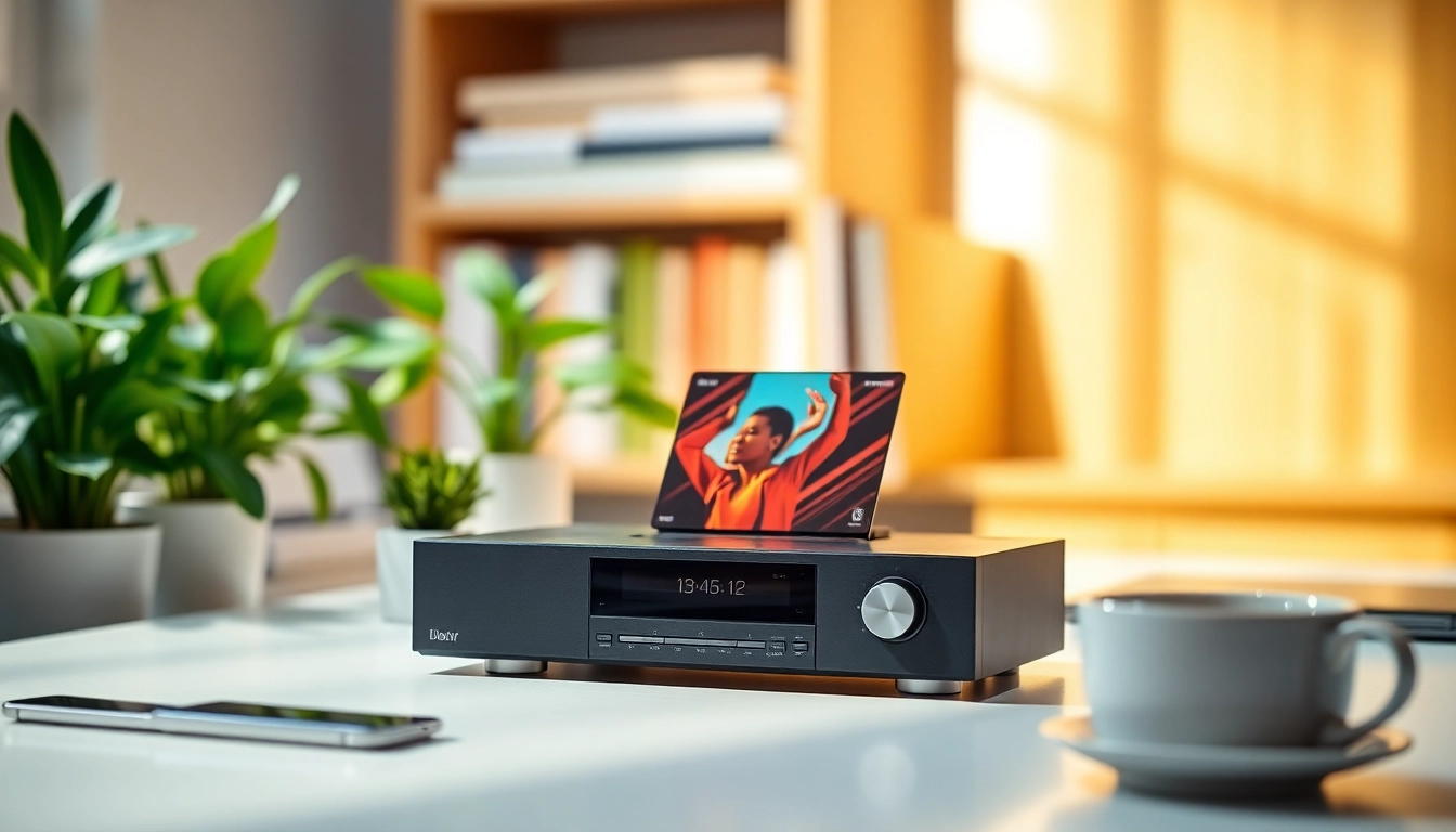 Explore features of https://hardwareplayer.com through a sleek digital music player on a modern desk.
