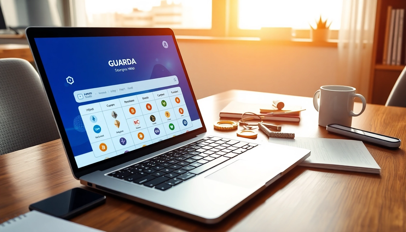 Secure guarda wallet interface displaying various cryptocurrencies in a modern digital workspace