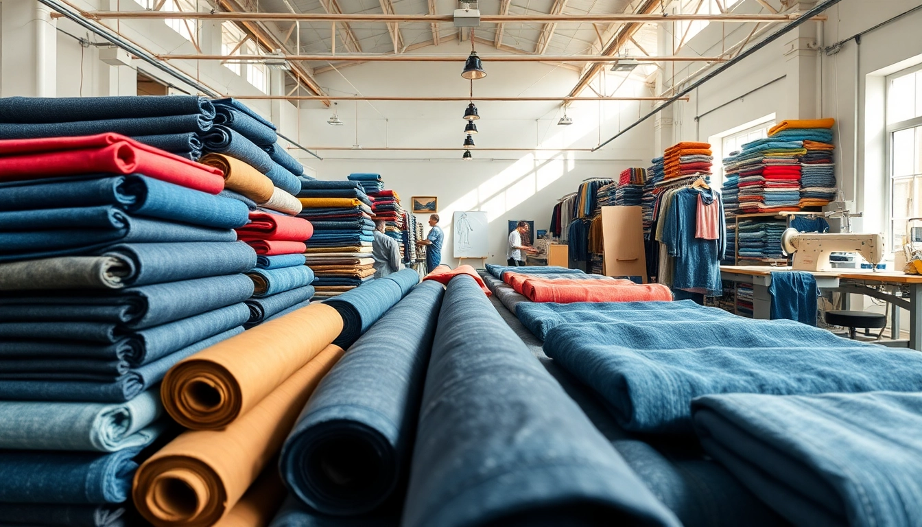 Showcase of jeans fabric manufacturers displaying colorful denim rolls and sewing activity