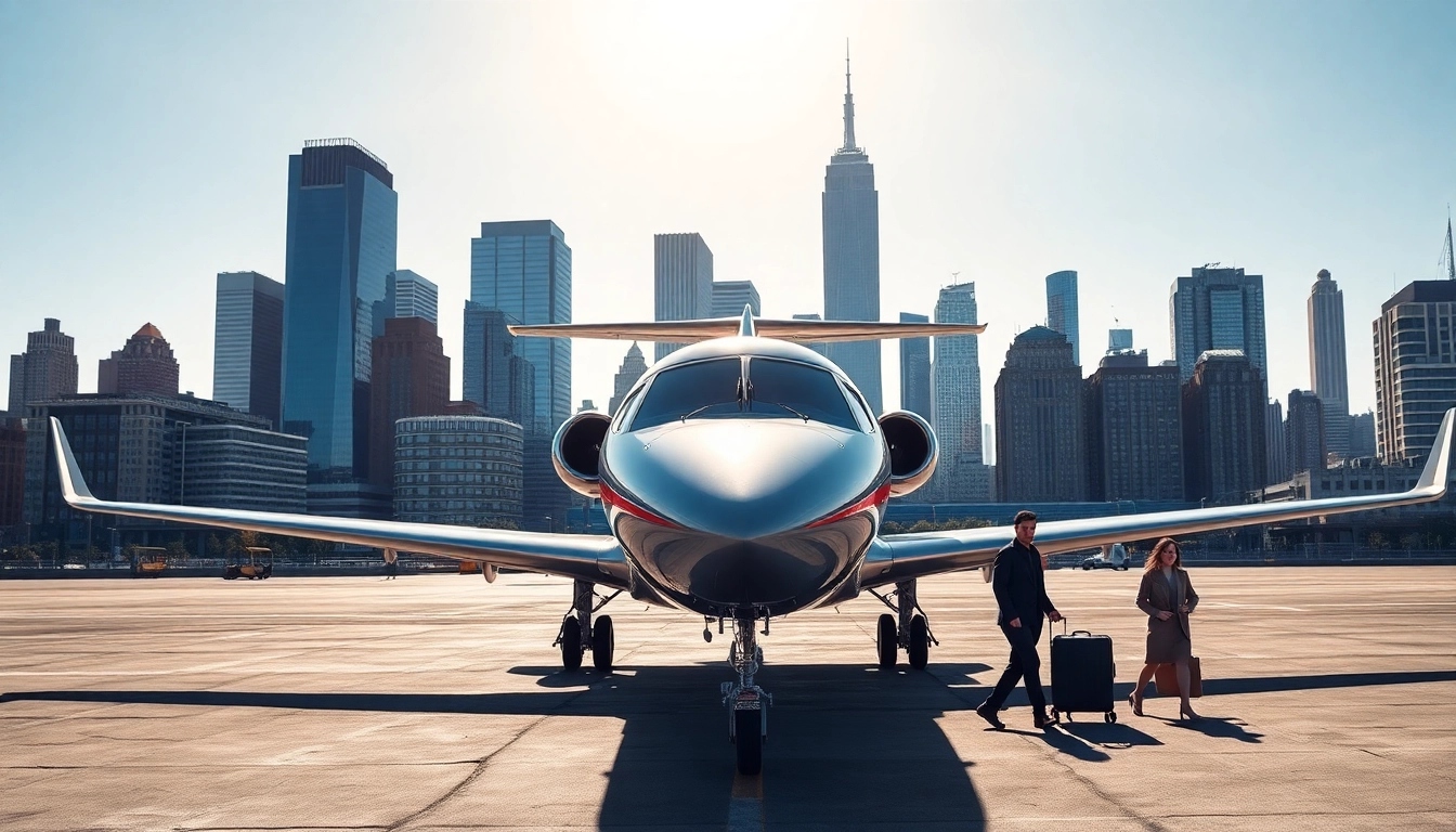 Charter a private jet charter NYC with sleek aircraft in vibrant New York skyline