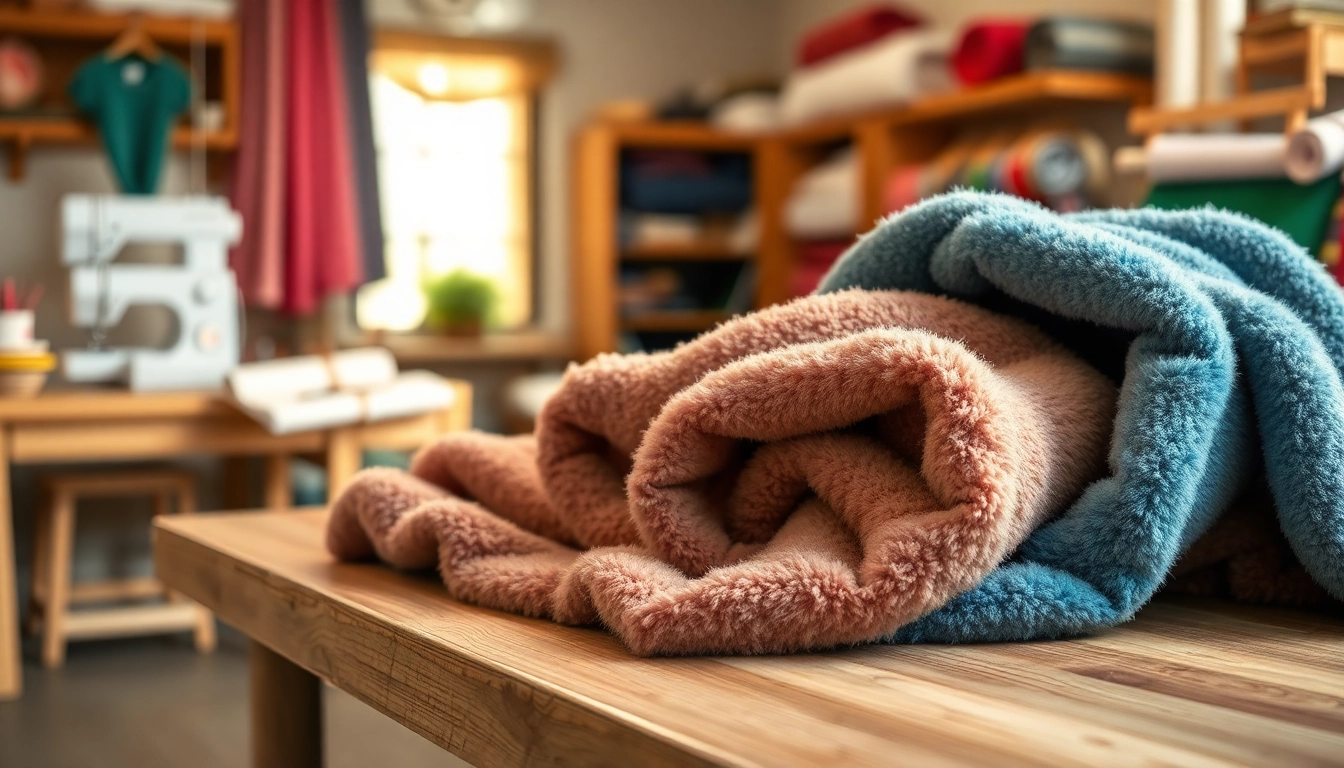 Fleece stof met verschillende texturen en kleuren netjes gepresenteerd op een tafel.