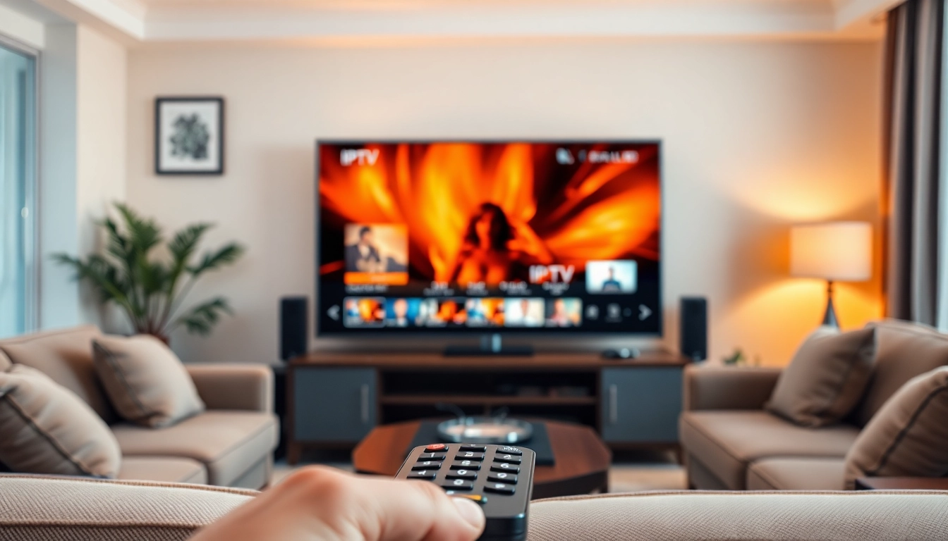 Compra IPTV en un entorno moderno y acogedor, mostrando una televisión y emociones de entretenimiento.