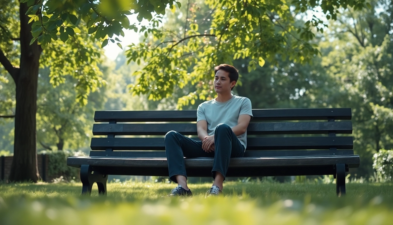 Individual reflecting on dealing with grief in a peaceful park setting with soft sunlight.