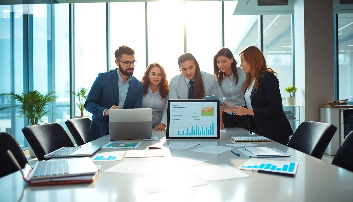 Collaborative professionals utilizing the best all in one business management software in a vibrant office space.