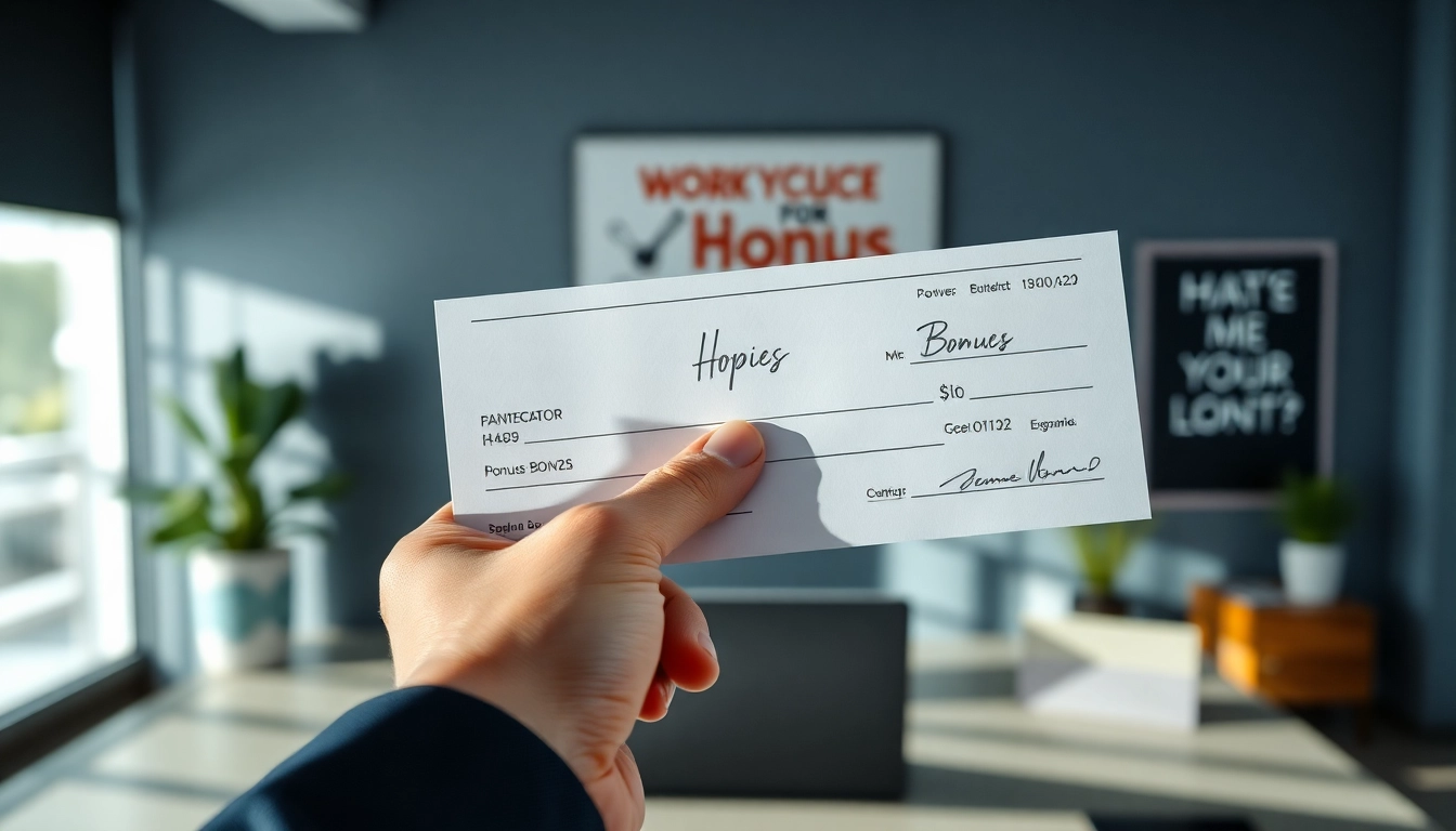 Presenting a bonus check highlighting financial reward in a professional business environment.