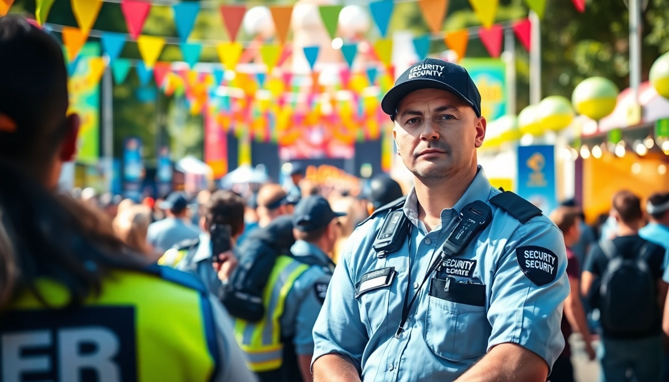 Event Security personnel monitoring a bustling festival, ensuring safety and crowd management.