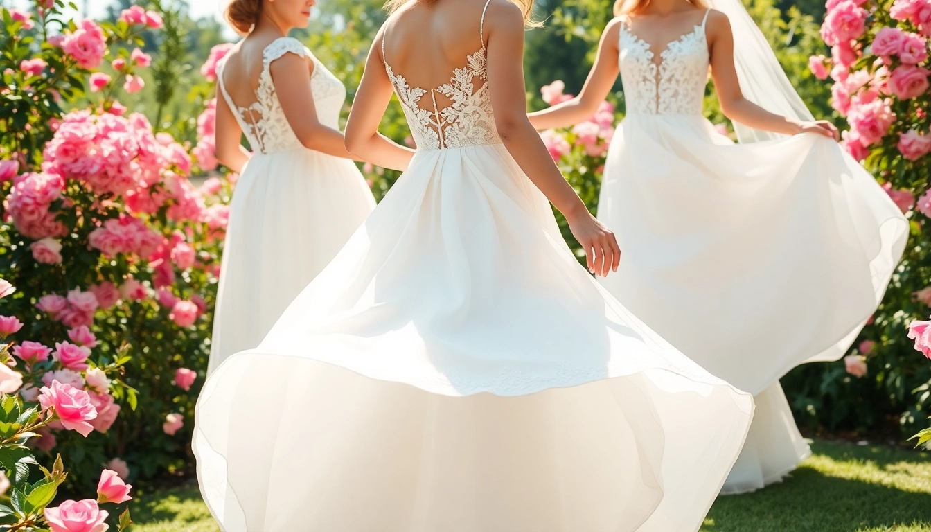 Brides showcasing Fit and Flare Wedding Dresses in a romantic sunlit garden setting with vibrant flowers.