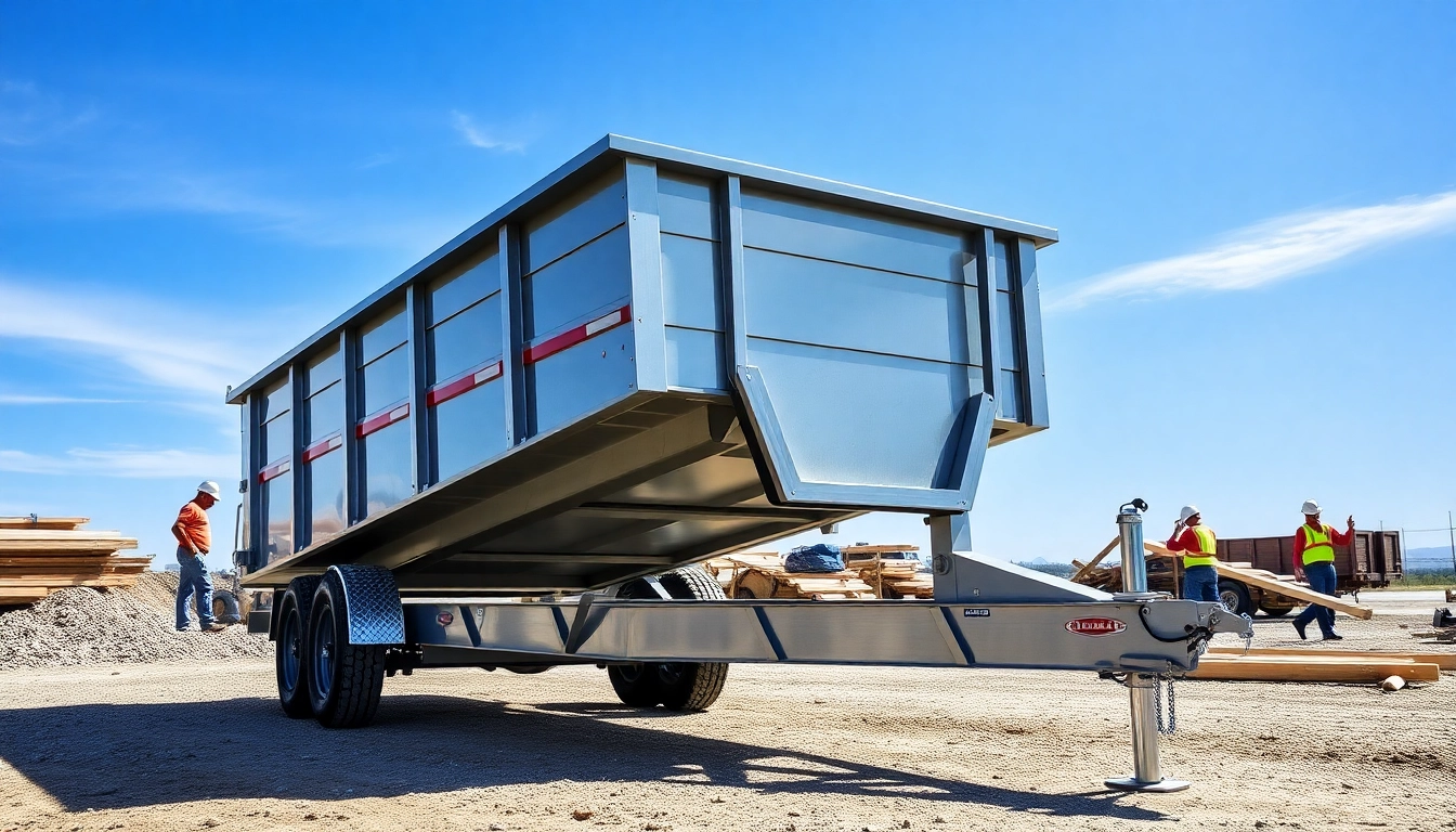 Showcase of robust dumpster trailers for sale in an active construction setting.