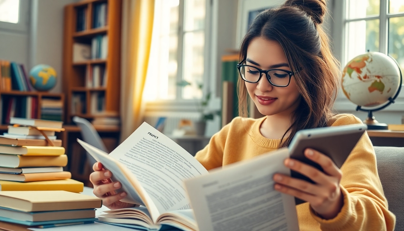 Language student mastering French with books and tablet in a cozy studying environment.