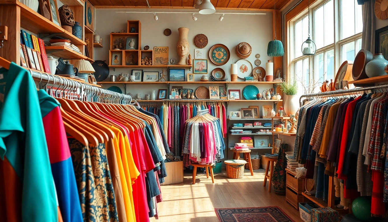 Discover unique finds at a thrift store Denmark, showcasing vibrant vintage clothing and accessories.