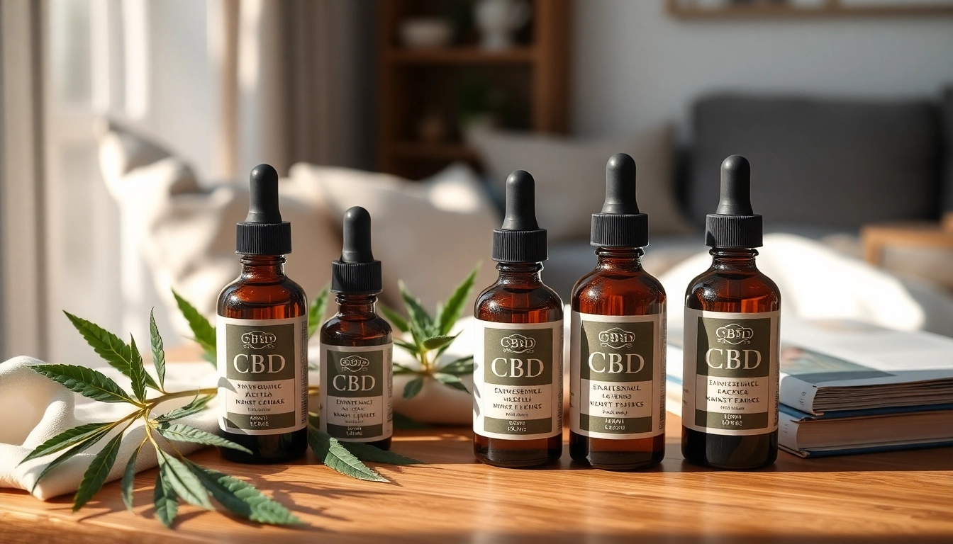 Showcase of CBD UK products on a minimalist table with fresh greenery.