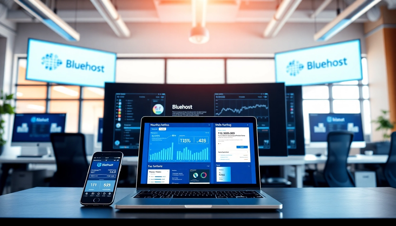 Showcase a professional web hosting office with Bluehost branding and analytics.