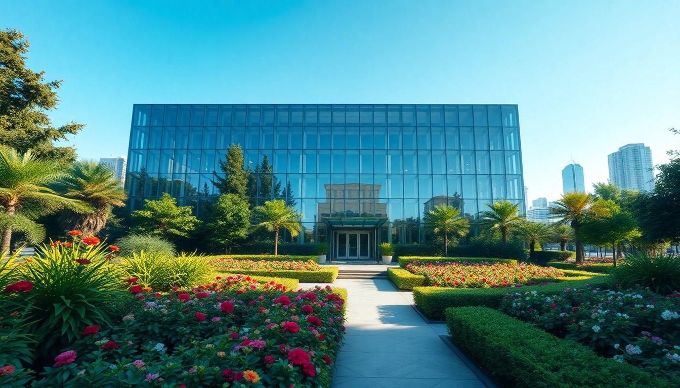 Eine beeindruckende visualisierung architektur zeigt ein modernes Gebäude umgeben von lebendigen Landschaften.