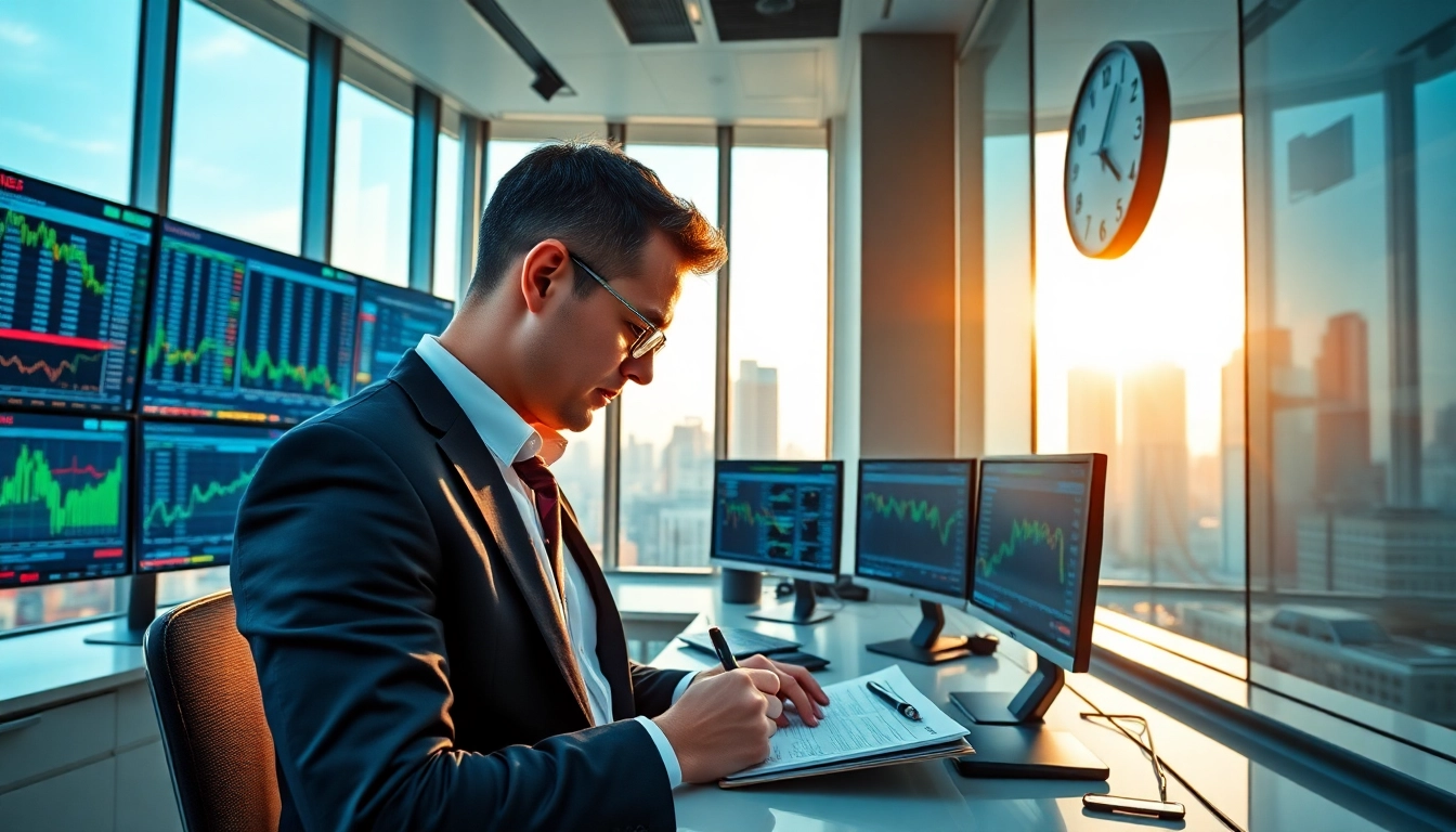 Engaged trader analyzing pre marketing trading data from multiple screens in a modern office.