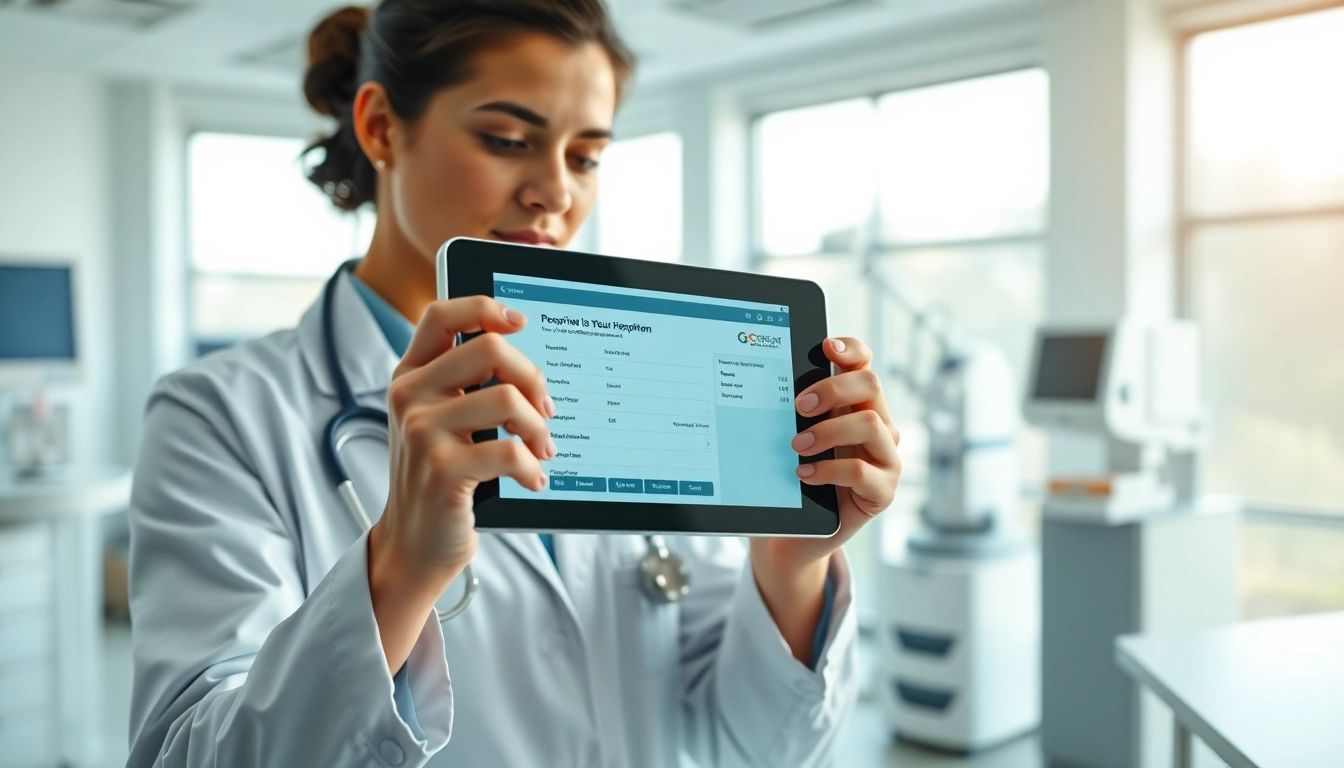 Integrating eprescription apps in modern healthcare, showcasing a professional using a digital tablet.