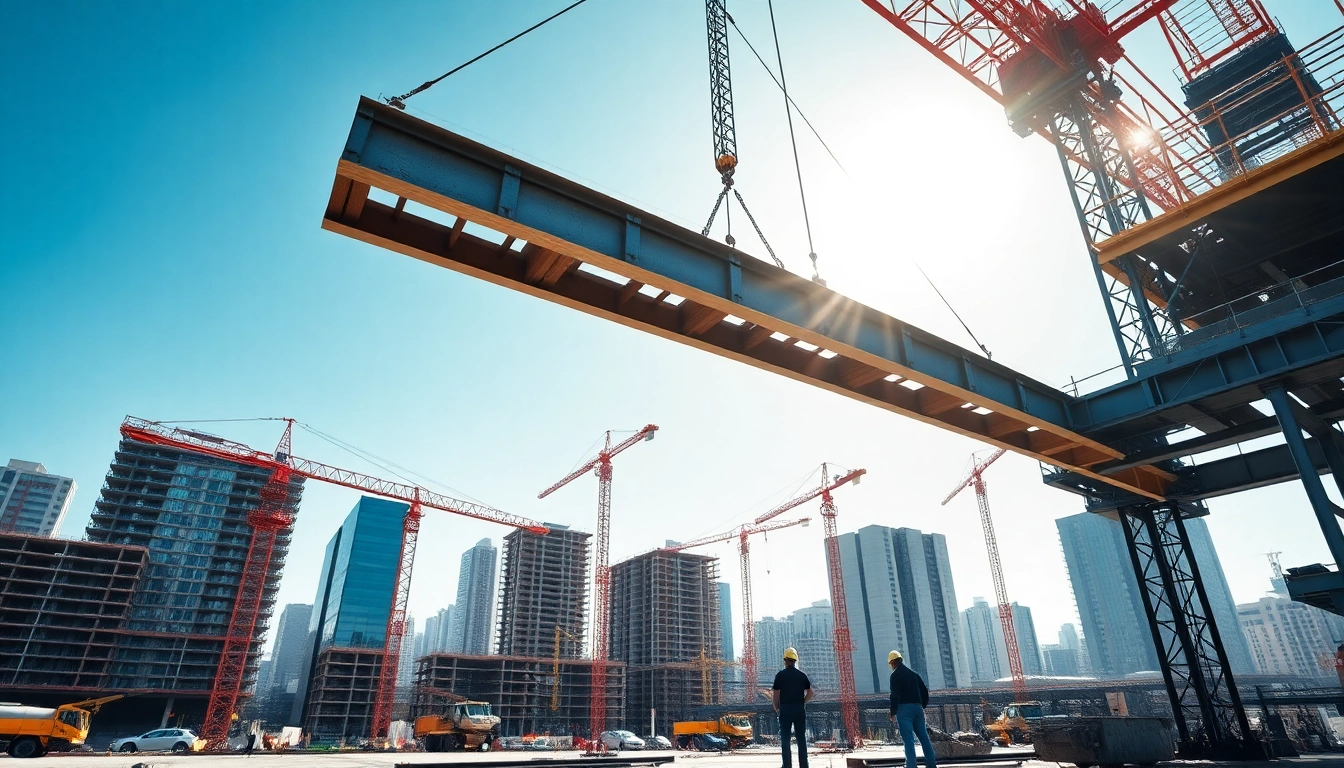 Workers engaged in structural steel construction showcasing heavy steel beams on a bustling site.