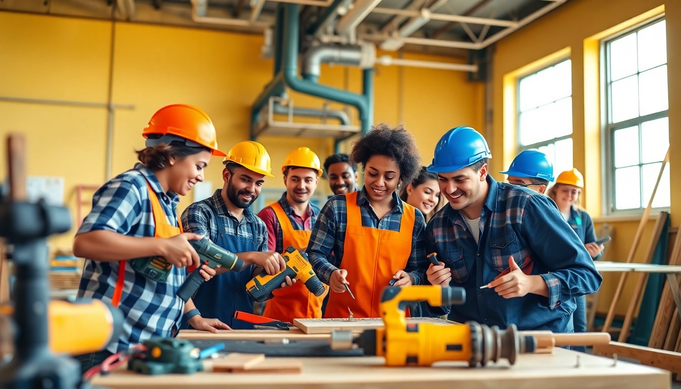 Students at construction trade schools in texas collaborating on practical projects with tools and equipment.