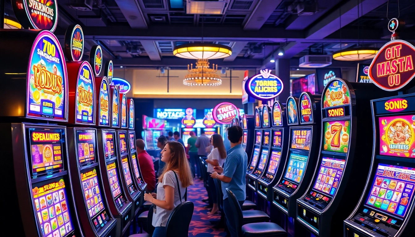 Taruhan qqmacan slot dengan pemain bersemangat dan mesin slot colorful menampilkan kebahagiaan.