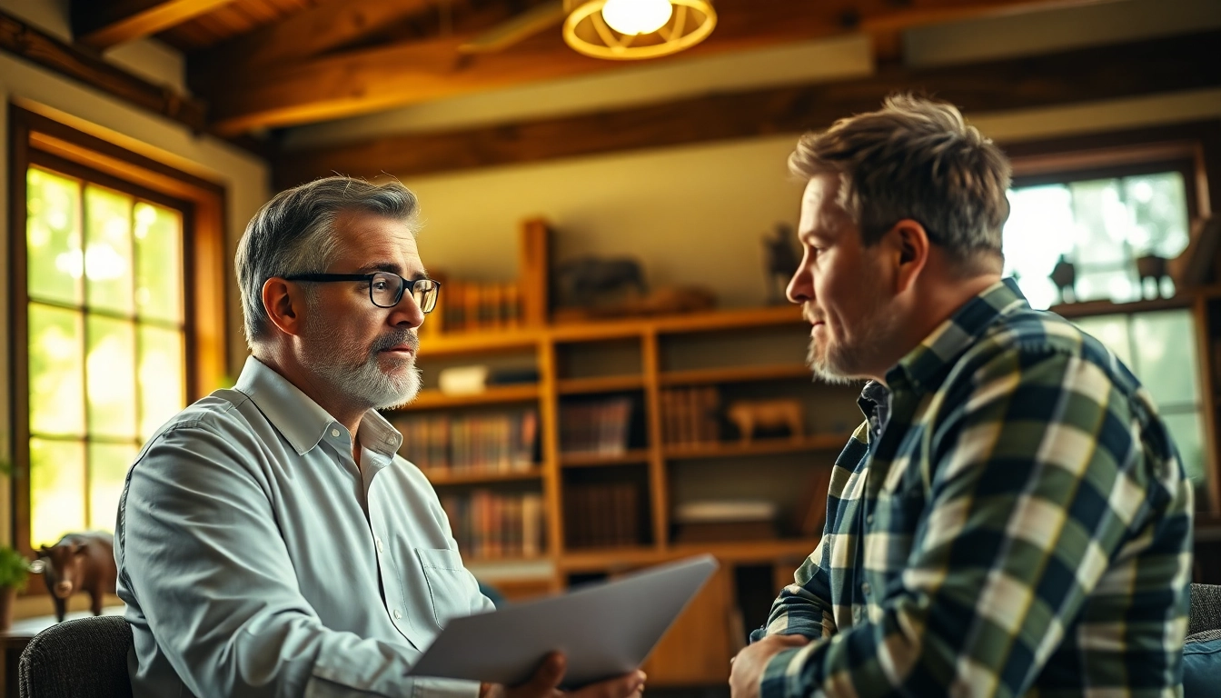 Agriculture lawyer consulting with a farmer in a countryside office, showcasing legal expertise.