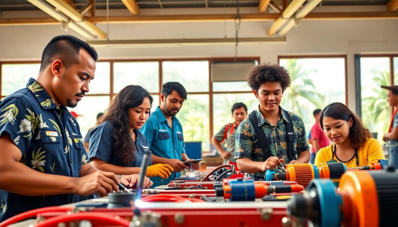 Engaged students exploring hawaii trade schools in a bright classroom setting.
