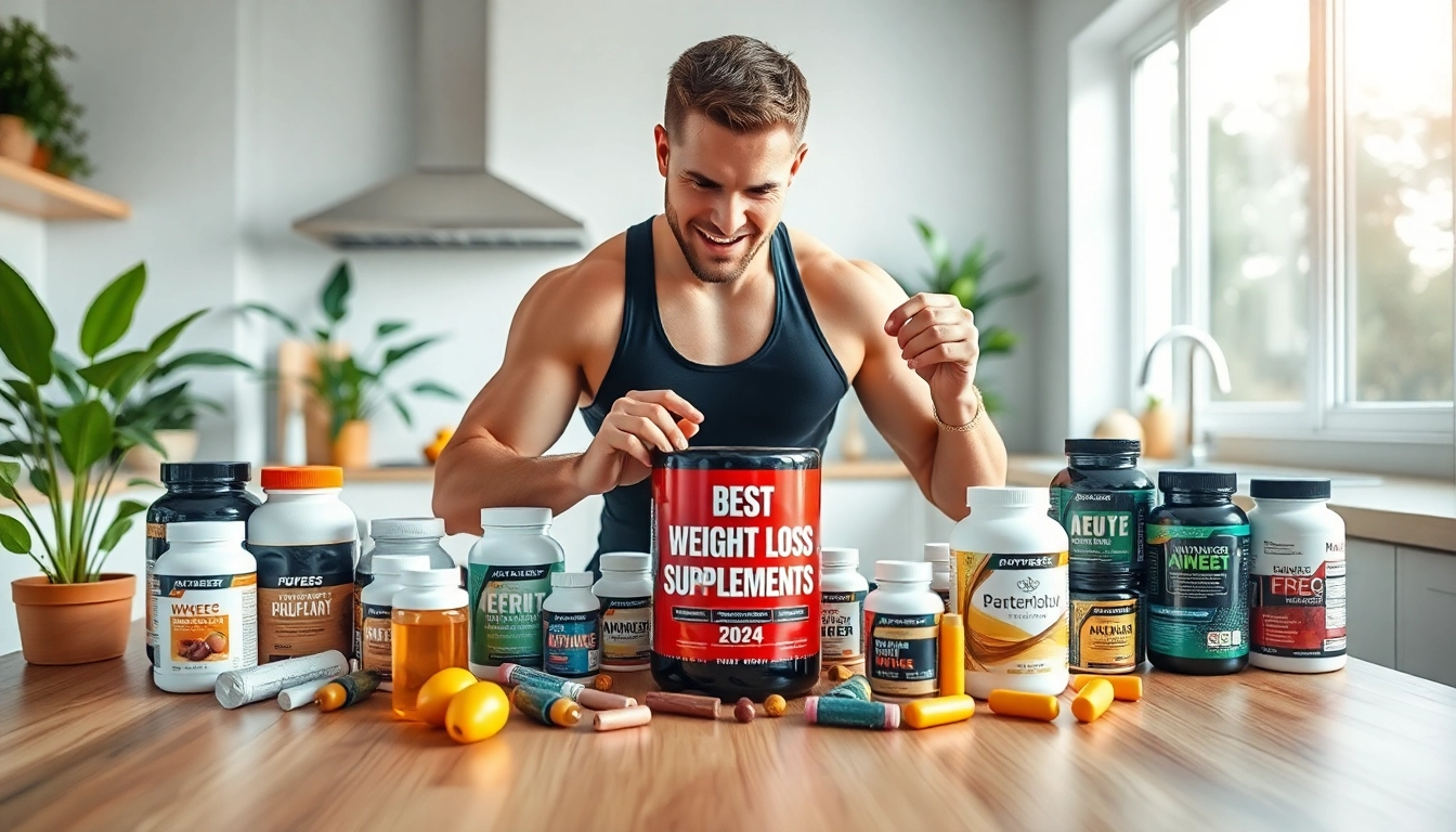 Highlighting the best weight loss supplements 2024 in a vibrant, energetic kitchen scene with a fitness enthusiast.