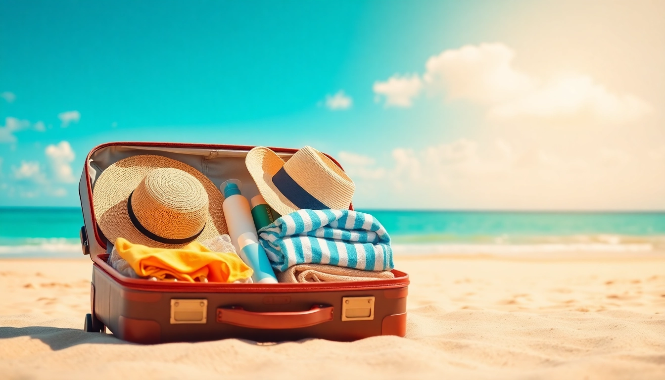 Efficient trip packing tips with a neatly organized suitcase on a beach.