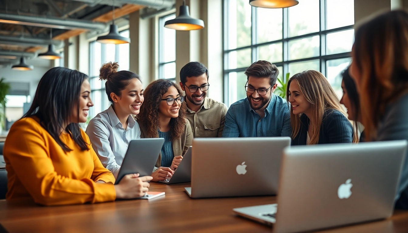 WordPress agencies collaborating in a vibrant office environment, showcasing teamwork and creativity.