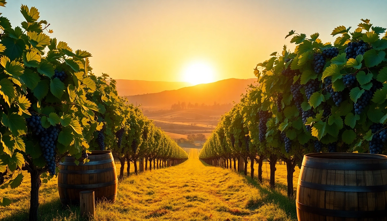 Experience wineries in Clarksburg with lush vineyards and a rustic wine barrel against a golden sunset.