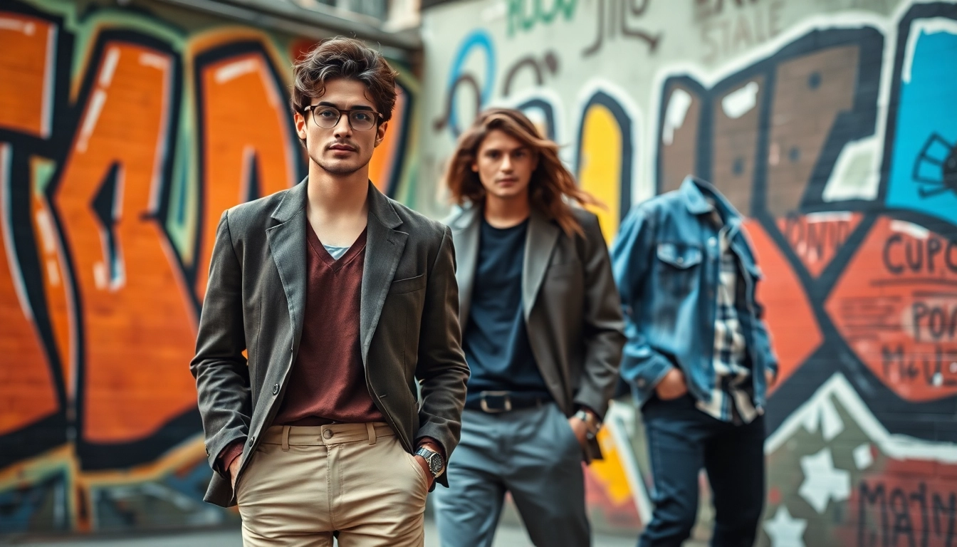 Showcasing trendy apparel amidst an energetic urban backdrop, emphasizing diverse styles.