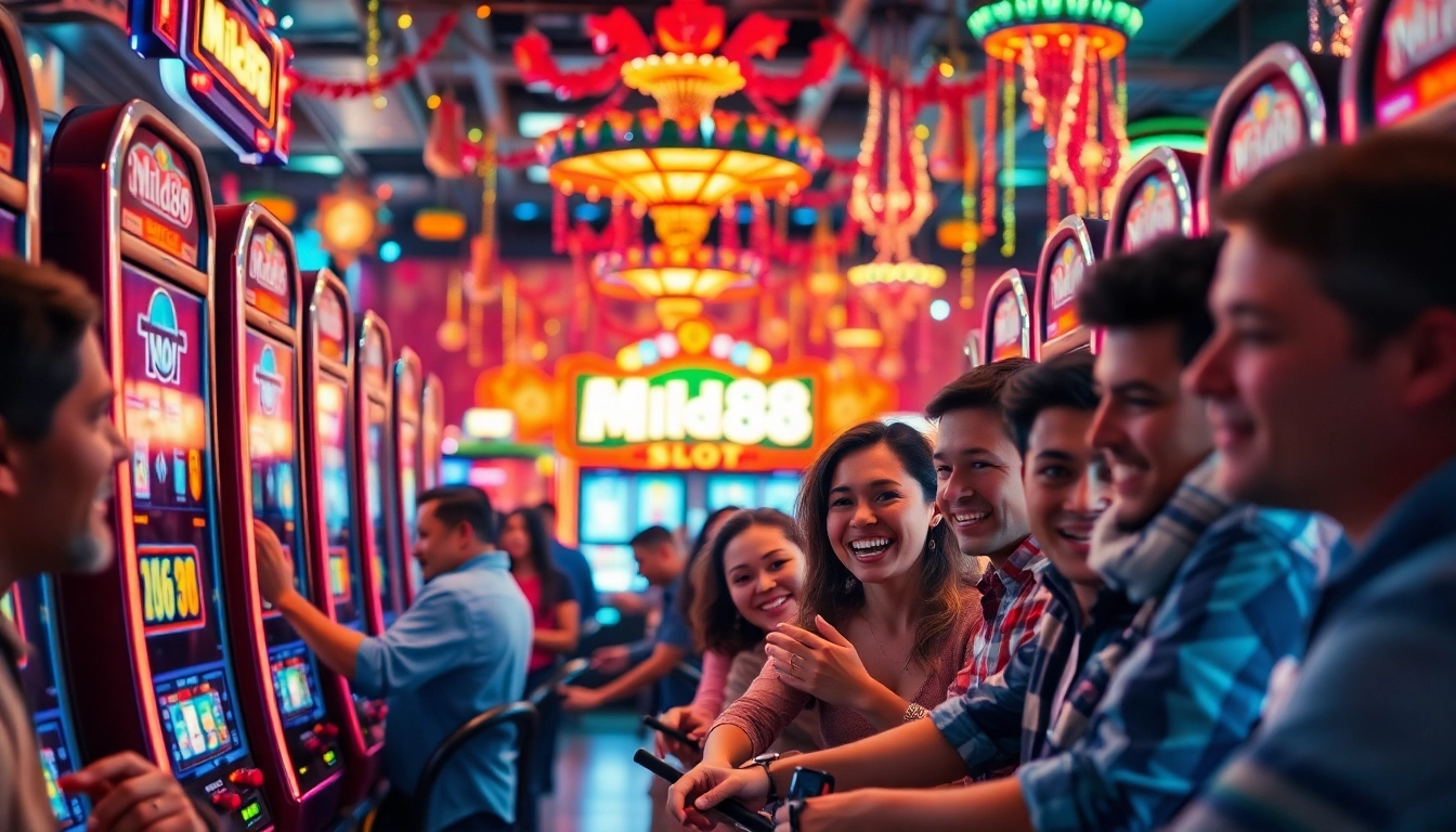 Memainkan mesin slot mild88 slot di kasino dengan cahaya gemerlap dan pemain yang antusias.